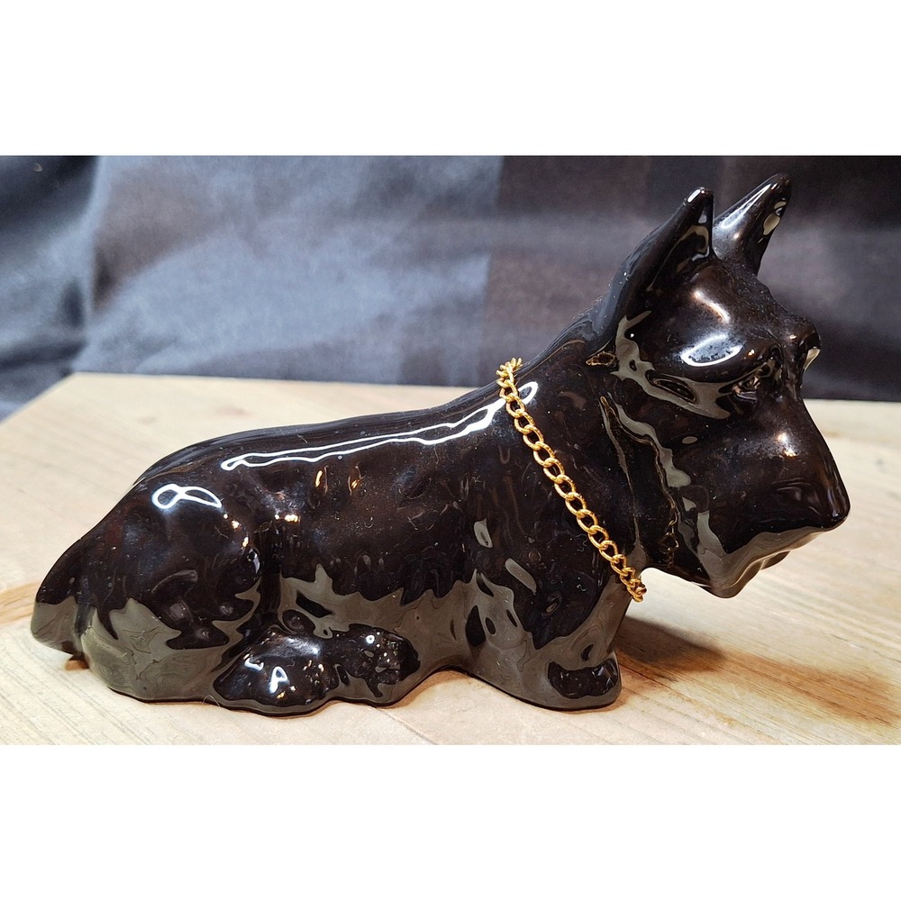 Vintage Black Ceramic Scottish Terrier Figurine Scottie Dog Gold Chain Collar